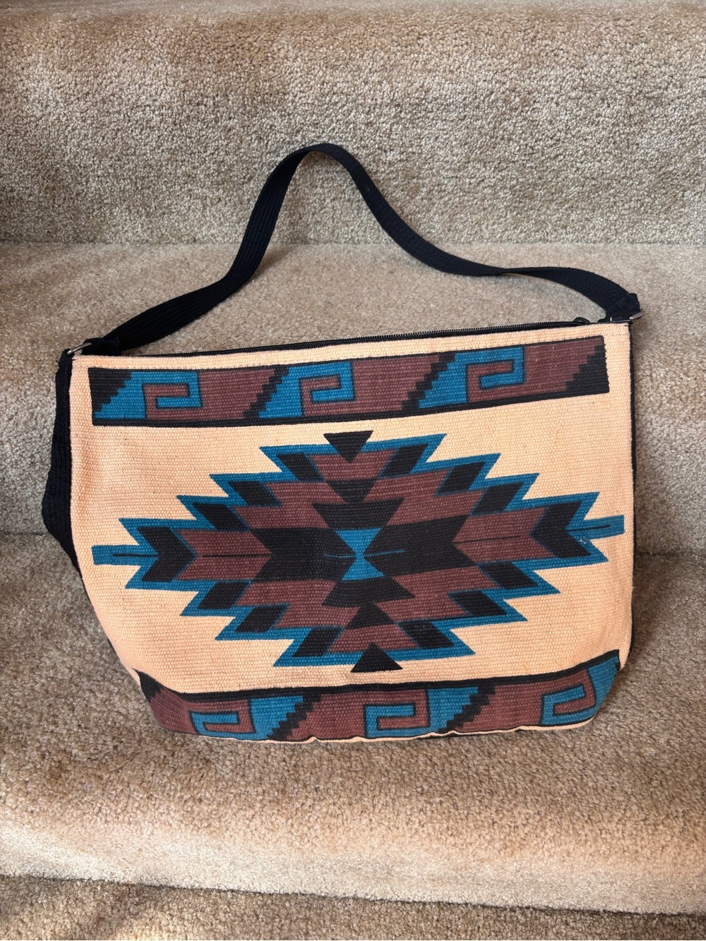 Southwestern Aztec Pattern Canvas Shoulder Bag - Tan, Brown & Teal